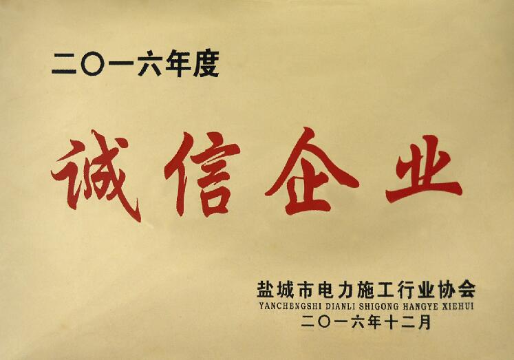 上上电缆被盐城市电力施工行业协会评为“诚信企业”